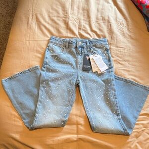 Guess Light Blue Straight Leg Jeans with Pearl Studs